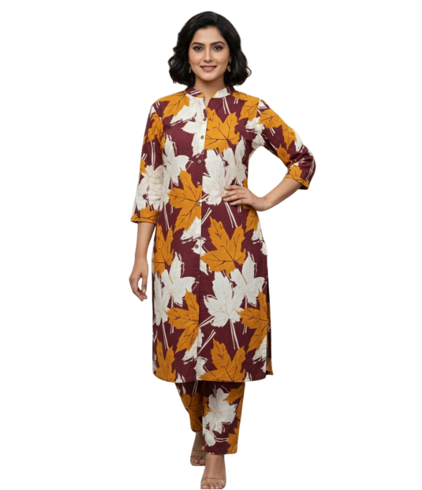 Pure Cotton Co-rd Set Chinese Collar Kurthi With Bottom