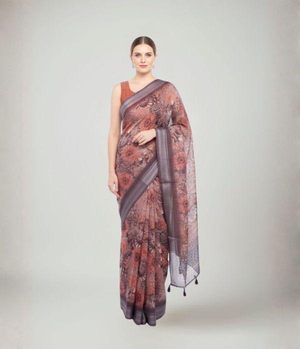 Semi Dolasilk Printed Saree Brown