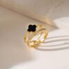 Gold Plated Anti Tarnish Stainless Steel Clover Themed Adjustable Finger Ring