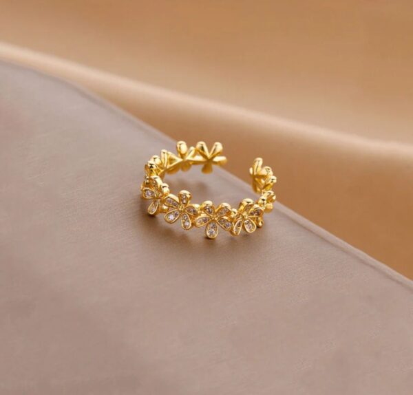 Gold Plated Anti Tarnish Stainless Steel Floral Themed Adjustable Finger Ring
