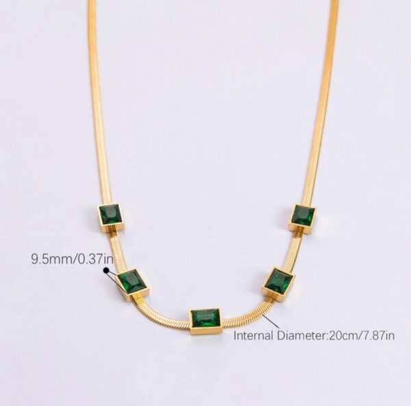 Gold plated stainless steel anti tarnish snake chain green emerald studded necklace