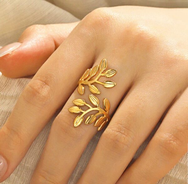 Gold plated stainless steel anti tarnish Leaf themed adjustable finger ring