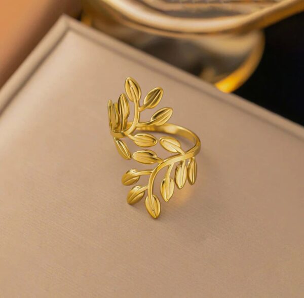 Gold plated stainless steel anti tarnish Leaf themed adjustable finger ring