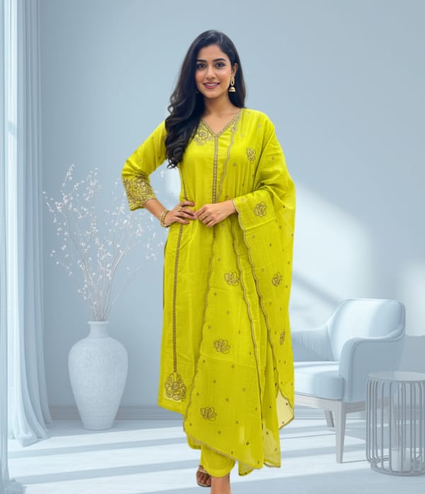 Malappuram fabric thread and bead work Churidar sett