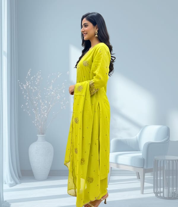 Malappuram fabric thread and bead work Churidar sett